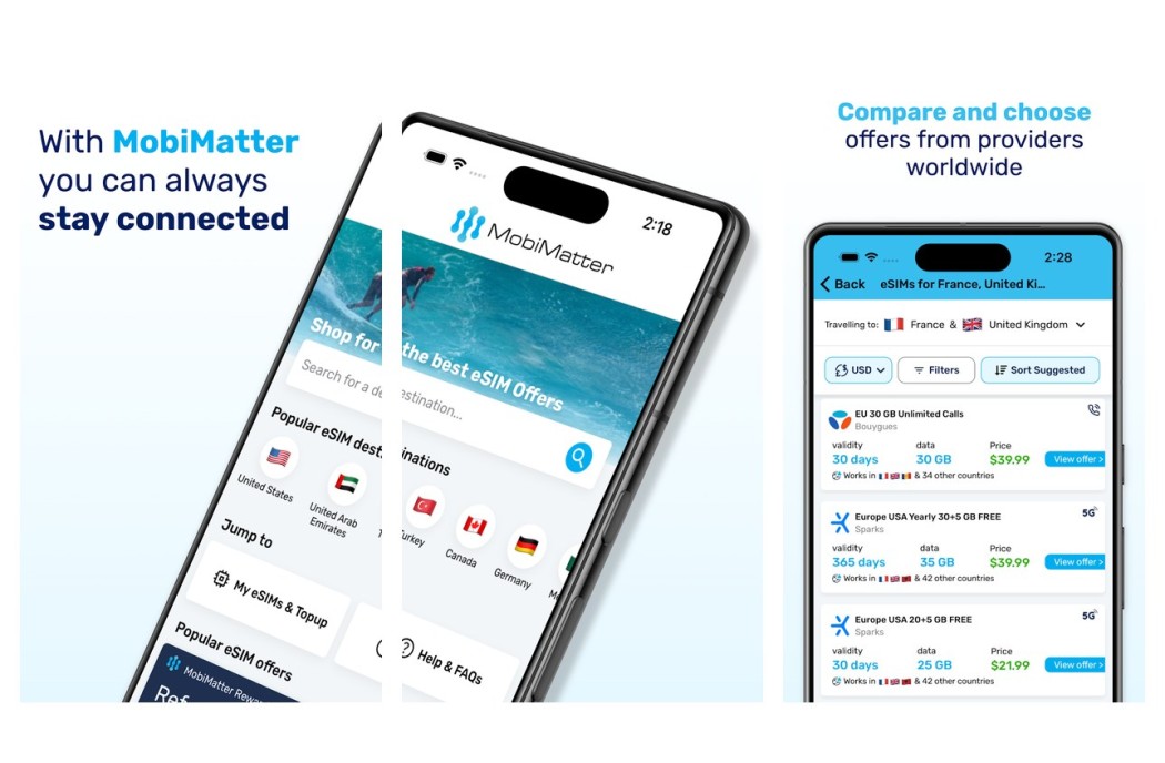 Three MobiMatter app screens shown side by side