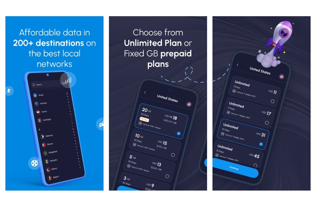 Three Nomad app screens shown side by side