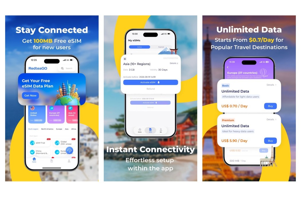 Three RedteaGO app screens shown side by side