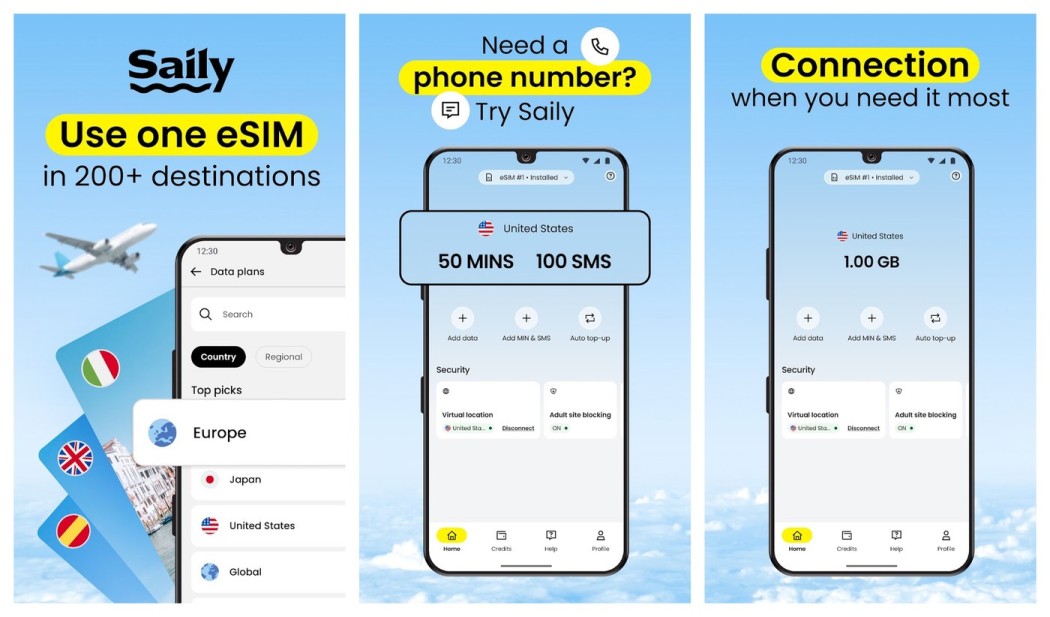 Three Saily app screens shown side by side