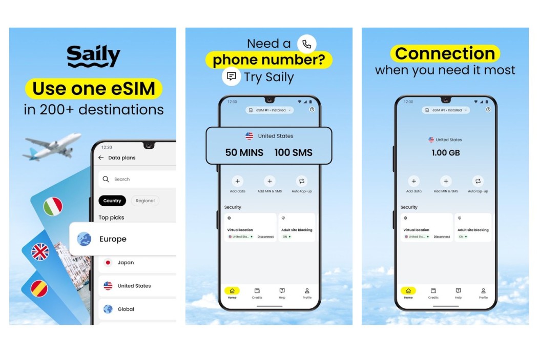 Three Saily app screens shown side by side