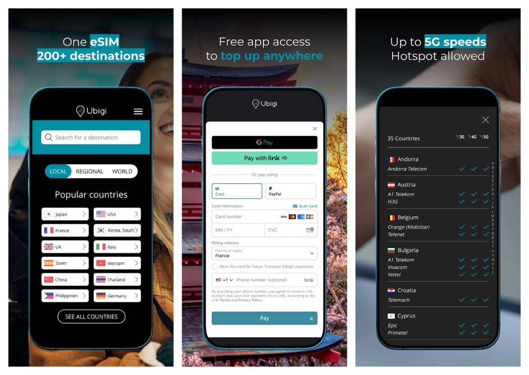Three Ubigi app screens shown side by side