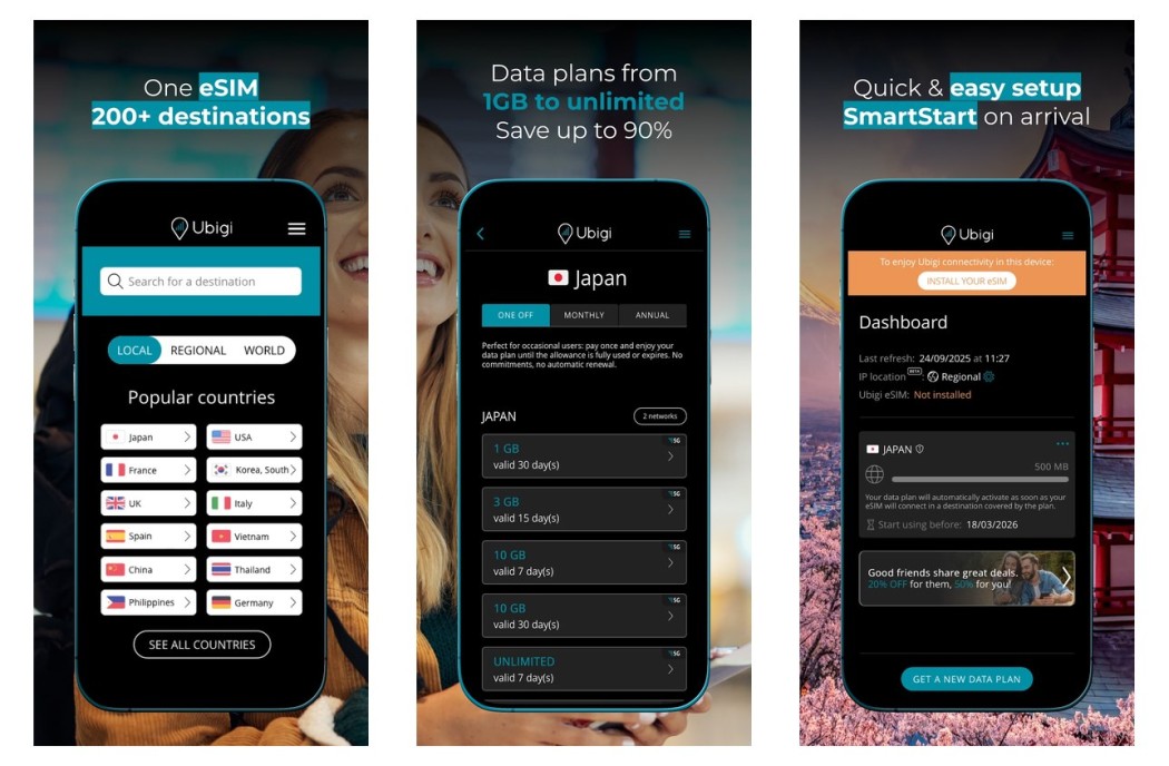 Three Ubigi app screens shown side by side