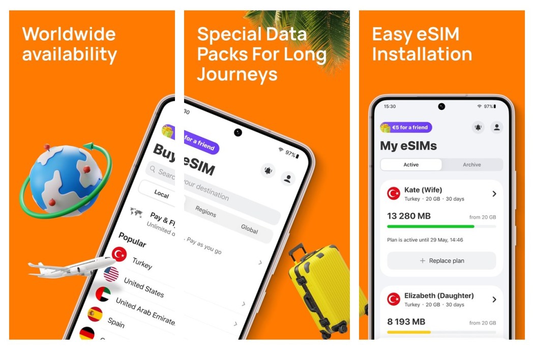 Three Yesim app screens shown side by side