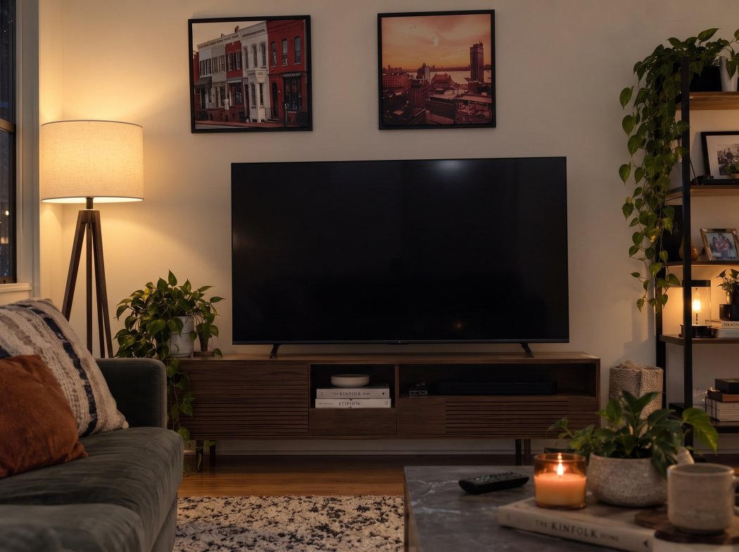 Hisense M7SR 65-inch TV switched off on a wooden media console in a lamp-lit living room