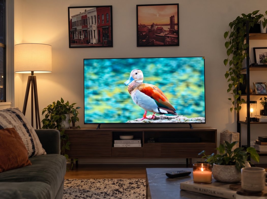 Hisense M7SR showing a colorful close-up of a duck in a softly lit living room
