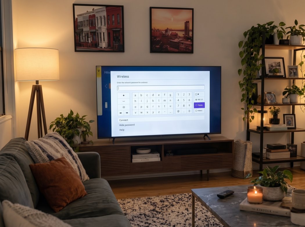 Hisense M7SR showing the Roku wireless network password screen during setup in a living room