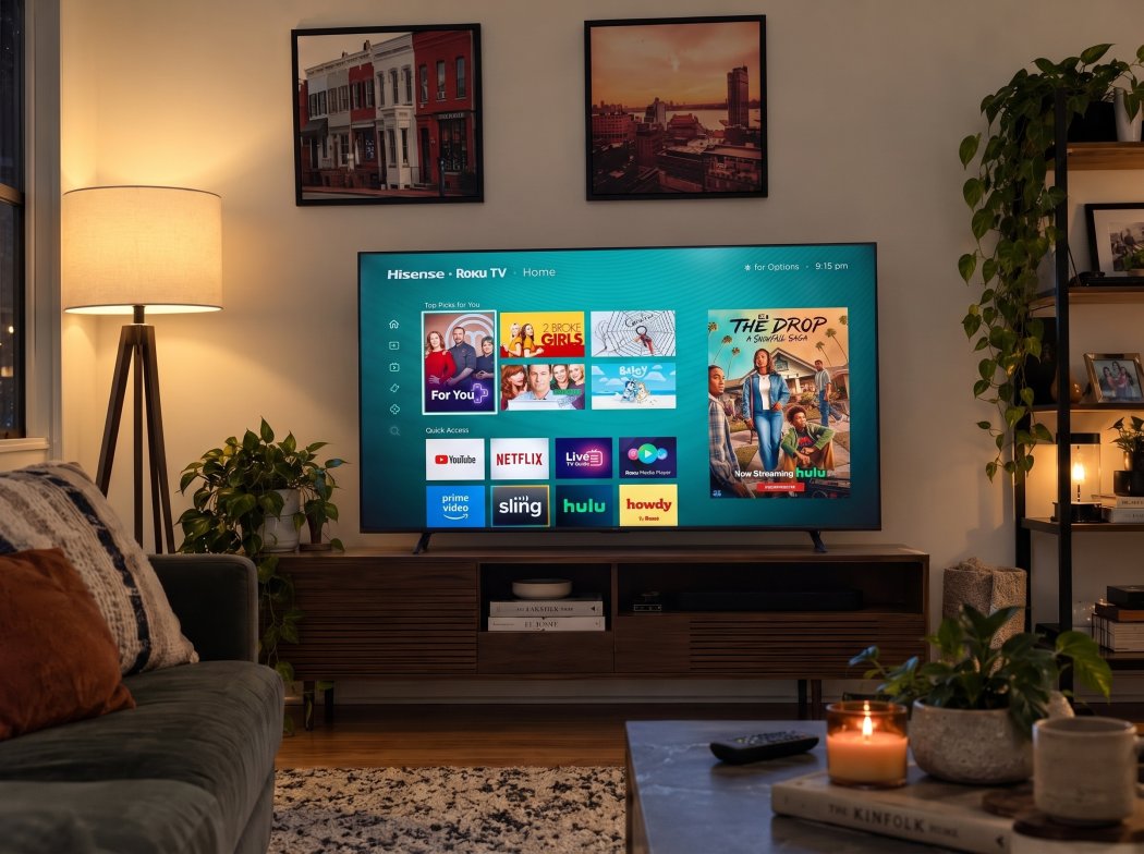 Roku home screen on the Hisense M7SR with streaming app tiles and a featured show banner