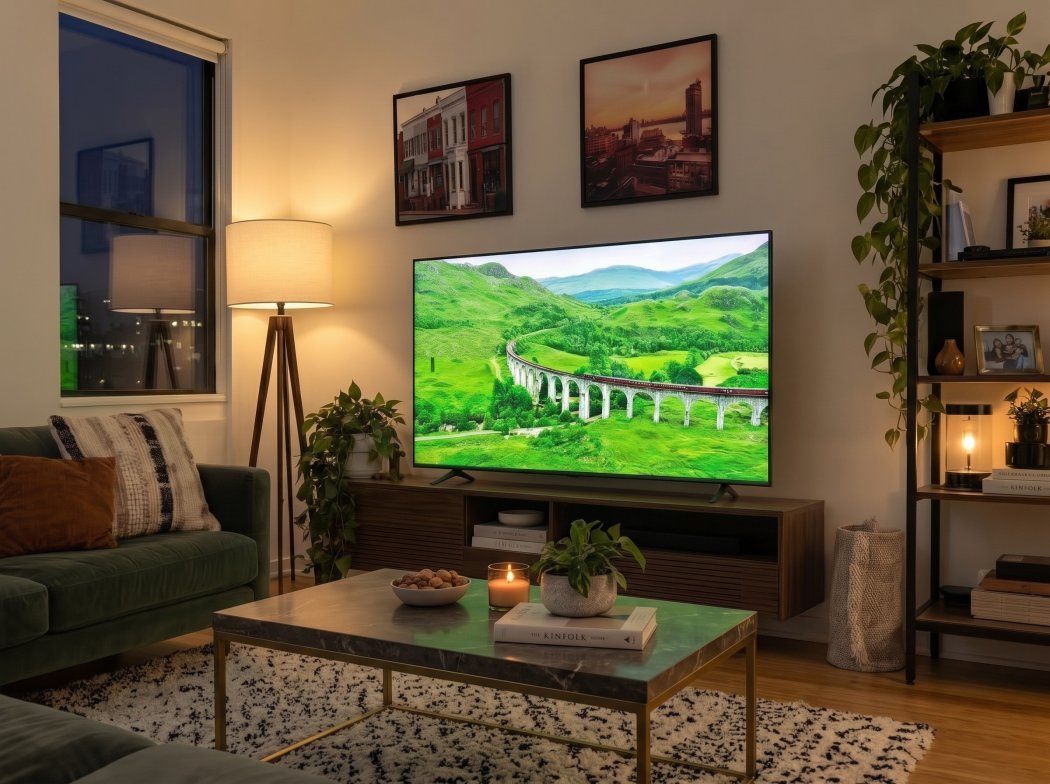 Hisense M7SR showing a green valley with a stone viaduct in an evening living room