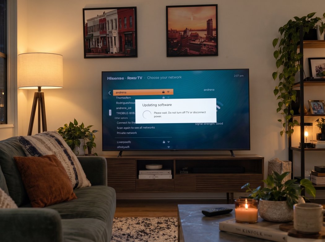 Roku TV setup on the Hisense M7SR showing an updating software message over the network list