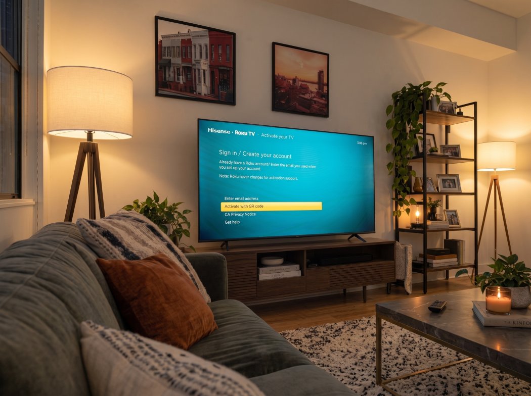 Hisense Roku TV activation screen offering email or QR code sign in, seen from the sofa