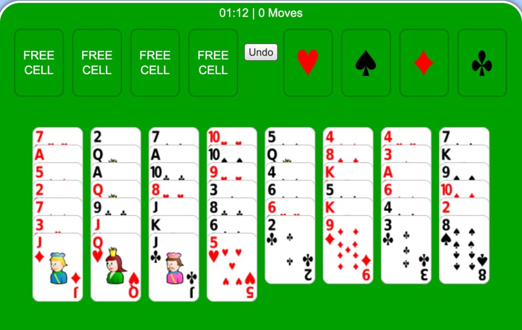 CardGames.io FreeCell board with four labelled FREE CELL slots, suit foundations and eight dealt columns