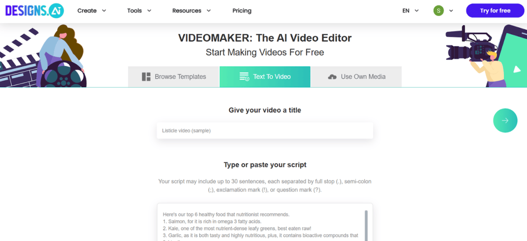 Designs.ai dashboard showing the video, logo and voice tools