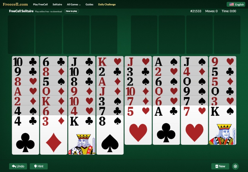 FreeCell.com board showing deal 21533 with four empty free cells, four foundations and eight tableau columns