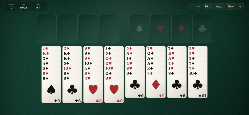 FreeCell Now dark green board with move, time and deal counters above four free cells and eight columns