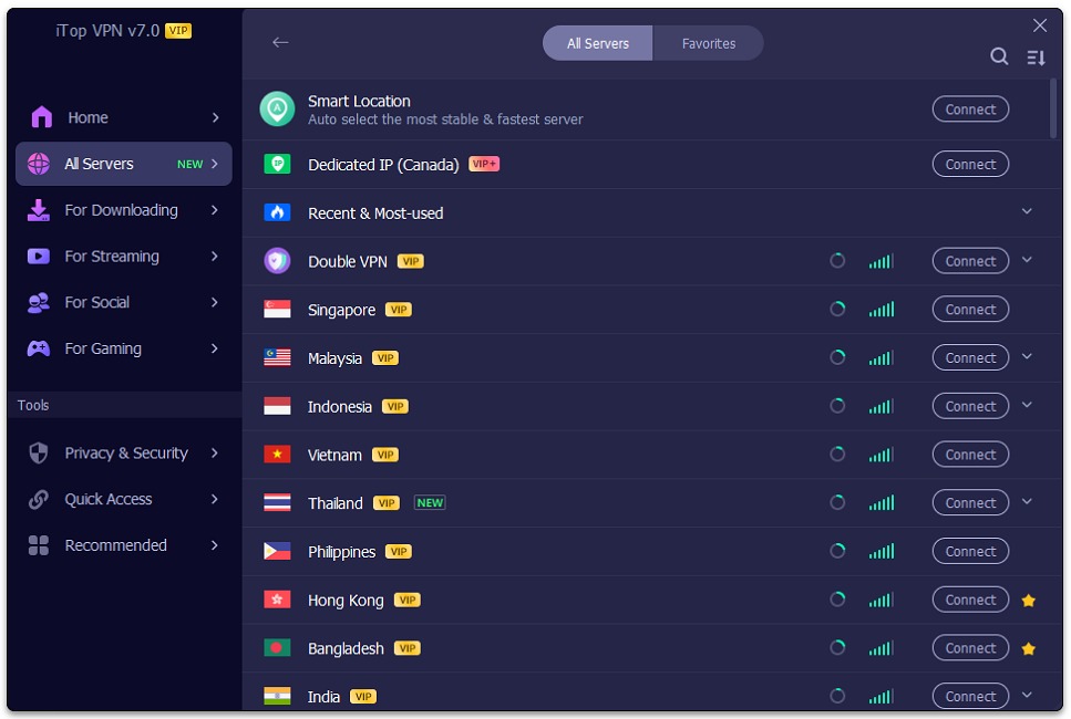 iTop VPN All Servers panel listing country servers, most of them marked VIP.