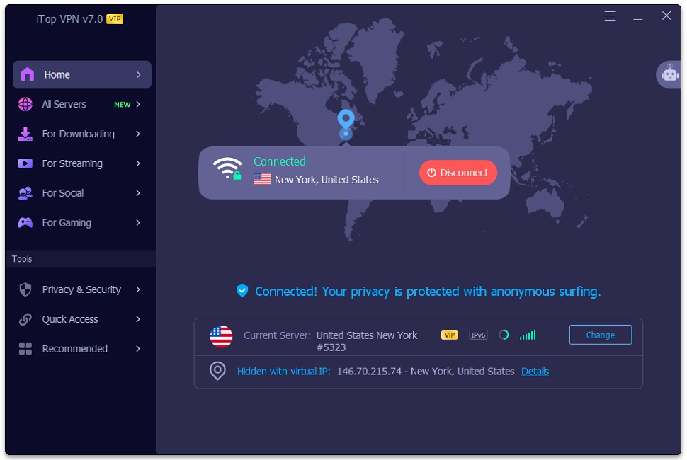 iTop VPN connected to a New York server, showing the assigned virtual IP address.