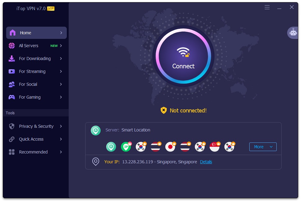 iTop VPN home screen showing the Connect button and a Smart Location server picker.