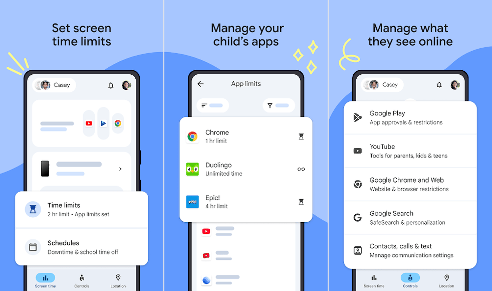Google Family Link parent app screens on Android