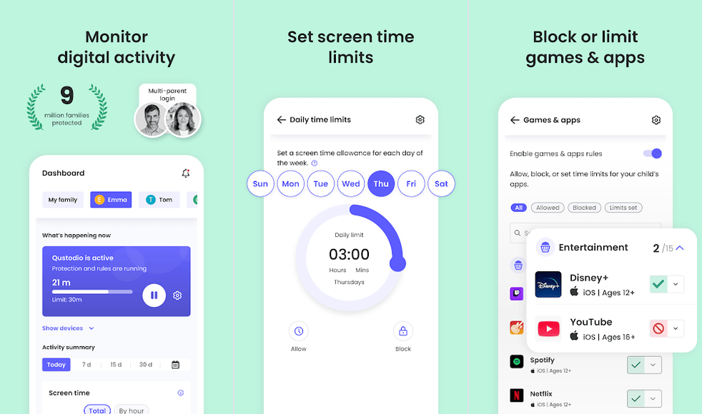 Qustodio parent app screens on Android
