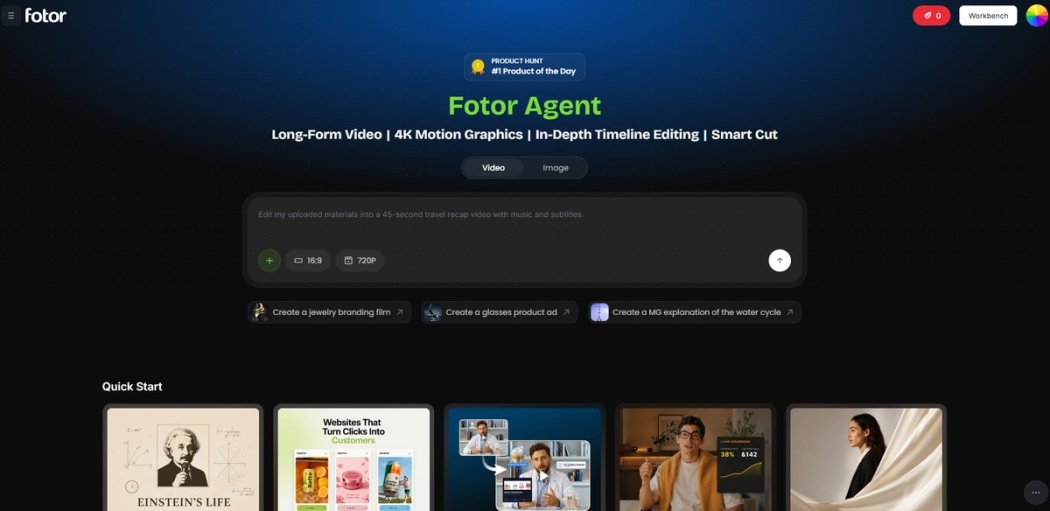 Fotor Agent AI video production workspace in a web browser