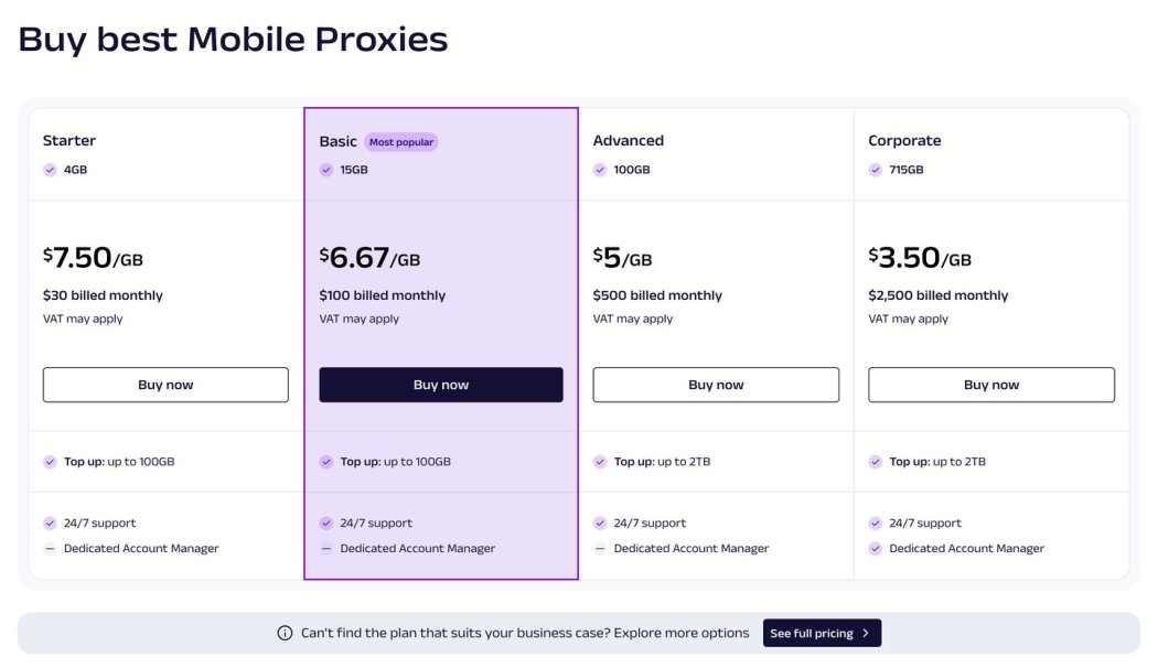 Oxylabs mobile proxy pricing page