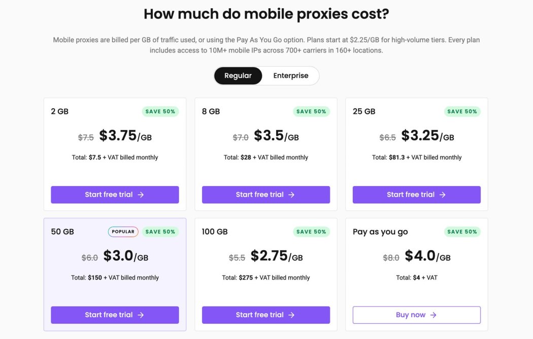 Decodo mobile proxy pricing page