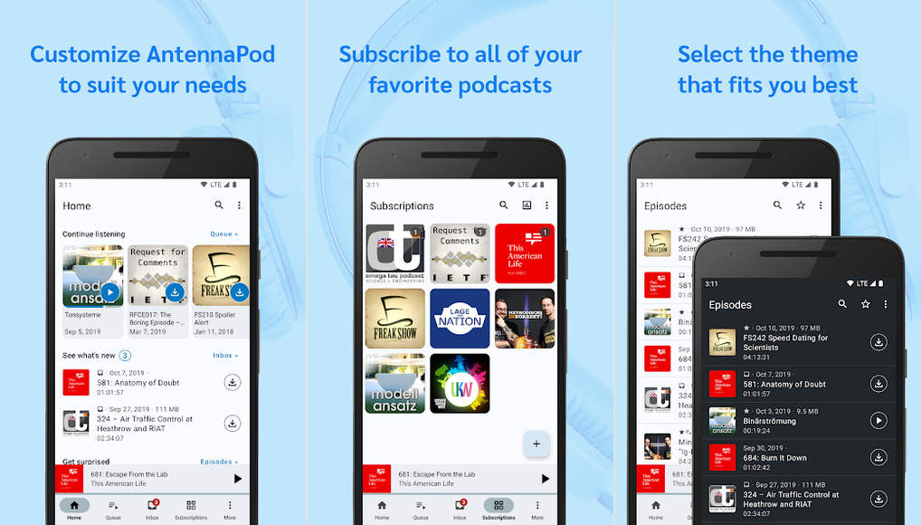 AntennaPod app screenshots on Android