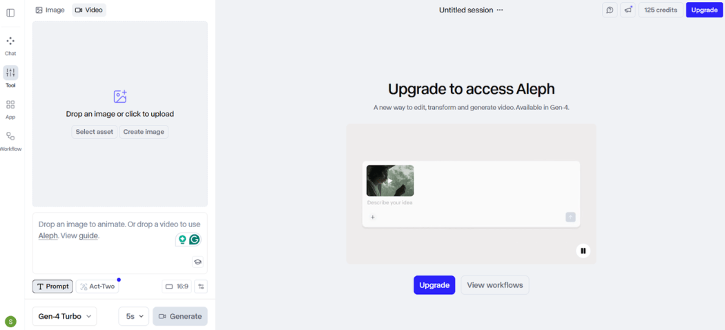 Runway ML generation panel with an image to video prompt