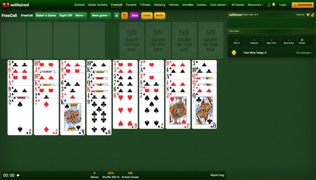 Solitaired FreeCell board with free cells, foundations and eight dealt columns