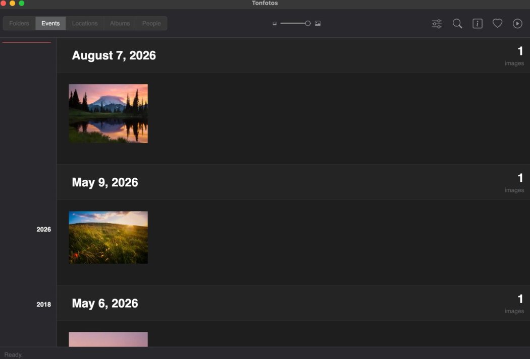 Tonfotos Events view grouping photos into a dated timeline