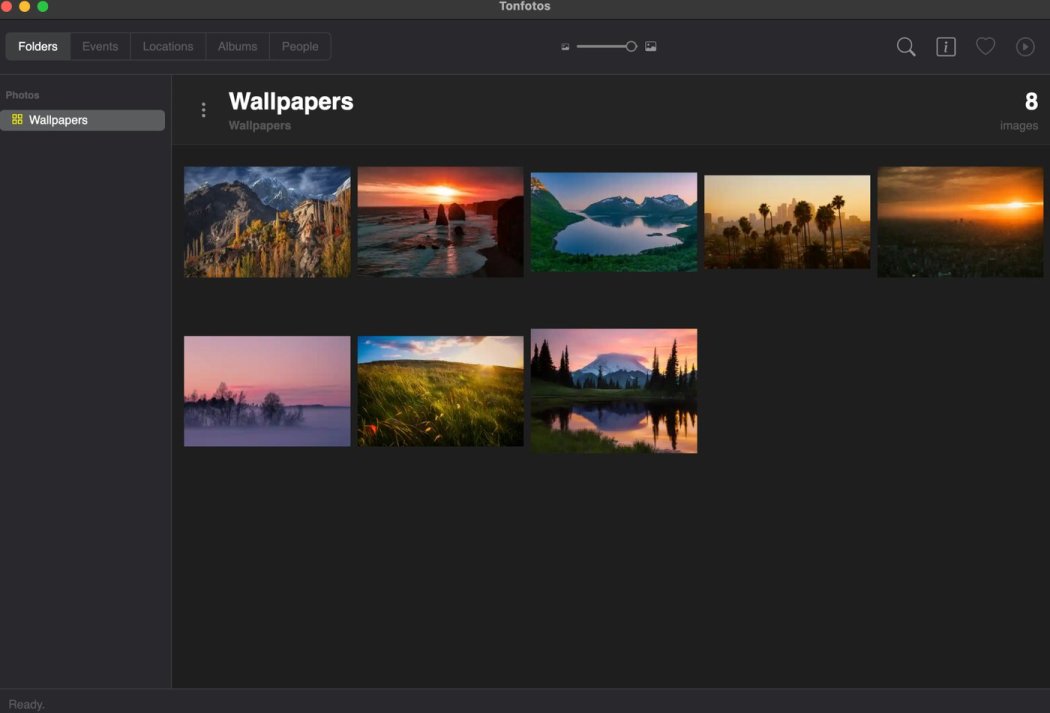 Tonfotos desktop app showing a Wallpapers folder as a grid of eight landscape photos