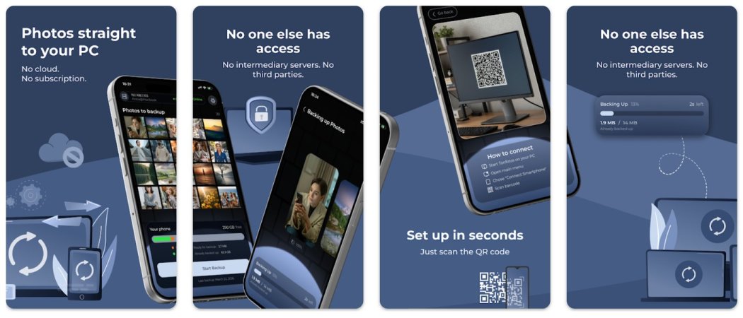 Four TonfotosSync app screens: photos straight to your PC, no intermediary servers, and setup by scanning a QR code