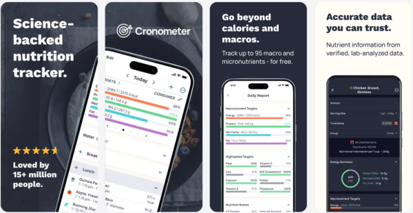 Cronometer app screens: daily diary with macro and micronutrient targets, and a verified food entry