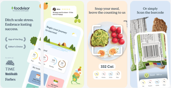 Foodvisor app screens: daily progress rings, a photo calorie scan and barcode scanning