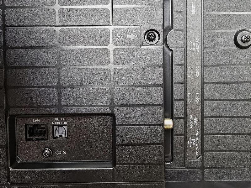 Rear panel of the Hisense M7SR with three HDMI ports, antenna input, USB, LAN and digital audio out