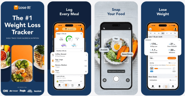 Lose It! app screens: daily calorie budget, photo food logging and weight goal progress