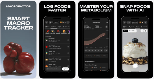 MacroFactor app screens: food logger, energy expenditure trend chart and AI photo logging