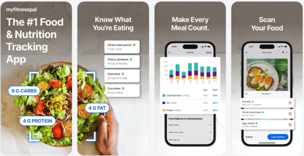 MyFitnessPal app screens: macro estimates on a meal photo, a nutrition chart and meal scan logging