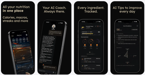 PlateLens app screens: nutrition summary, AI coach chat, ingredient breakdown and daily score